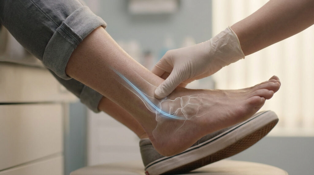 Une main gantée examine une cheville et un pied, avec une surimpression des os et d'un nerf (canal tarsien).