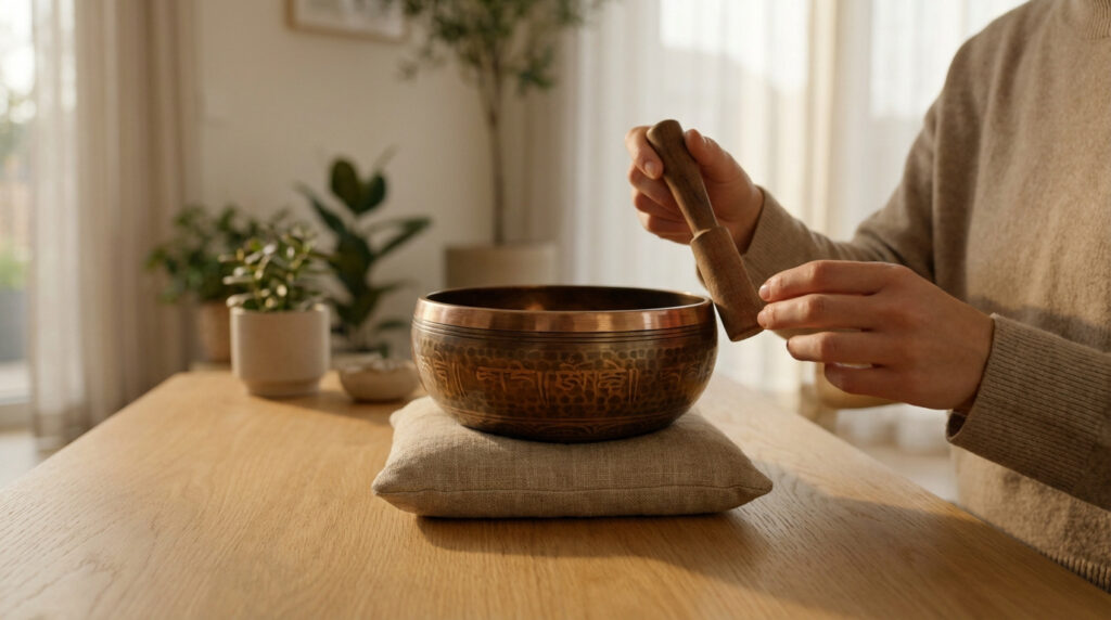 Une personne utilise un bol tibétain pour la méditation, posé sur un coussin sur une table en bois, ambiance zen.