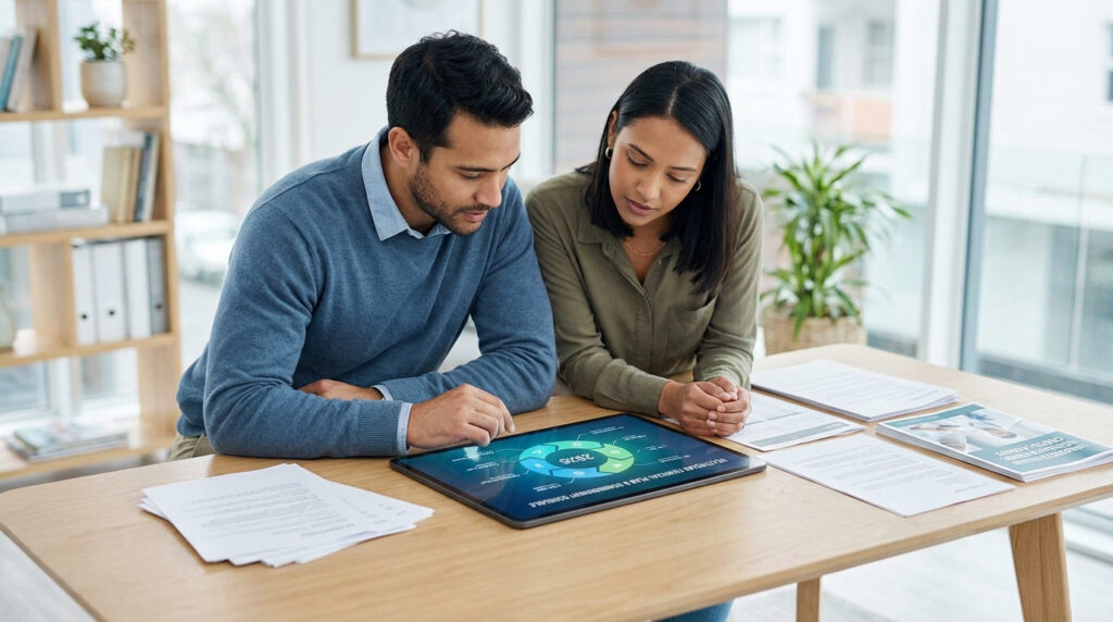 Un couple examine un plan financier et un calendrier de remboursement sur une tablette, en lien avec la vasectomie.