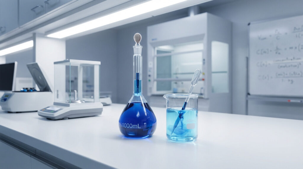 Une fiole jaugée et un bécher avec des liquides bleus, une pipette, une balance de précision dans un laboratoire moderne.