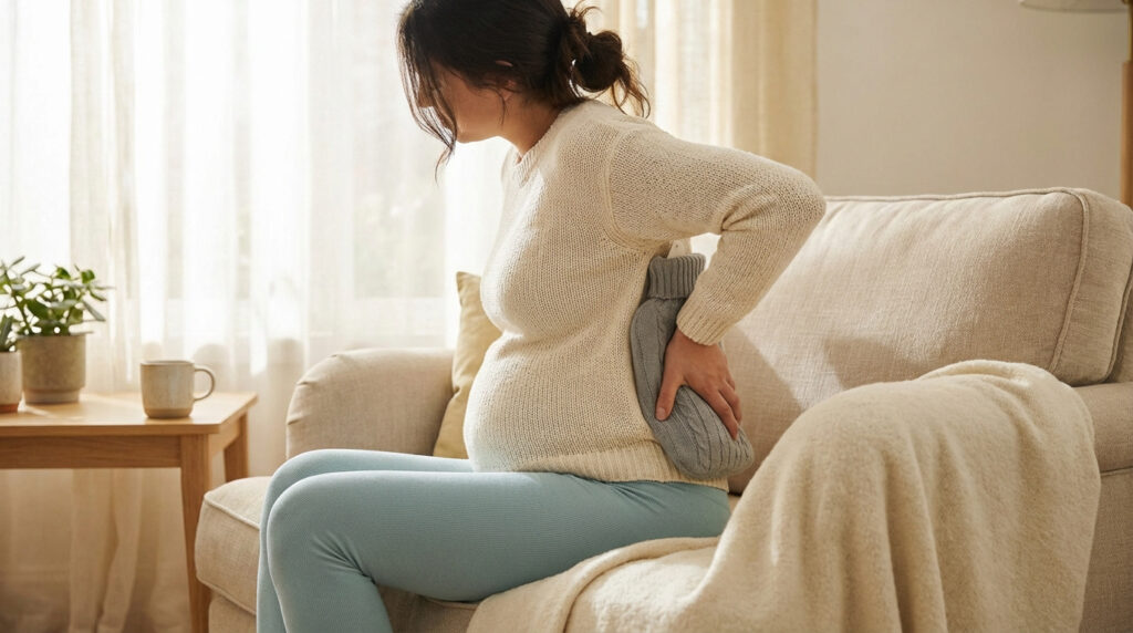 Femme enceinte en pull crème et leggings bleus, appliquant une bouillotte grise sur le bas du dos sur un canapé.