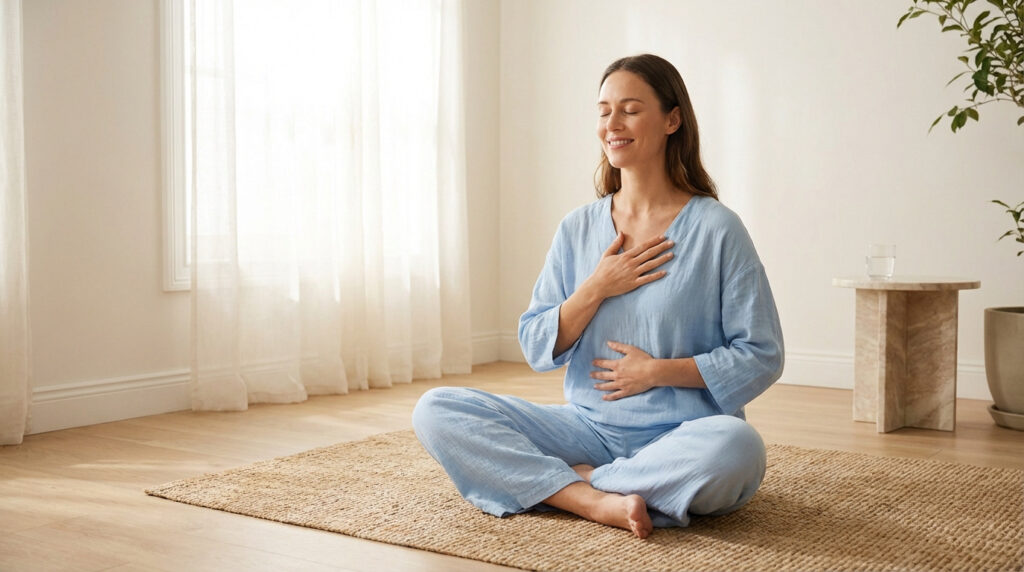 Femme en tailleur, mains sur la poitrine et le ventre, yeux fermés, pratiquant la respiration profonde ou la méditation.