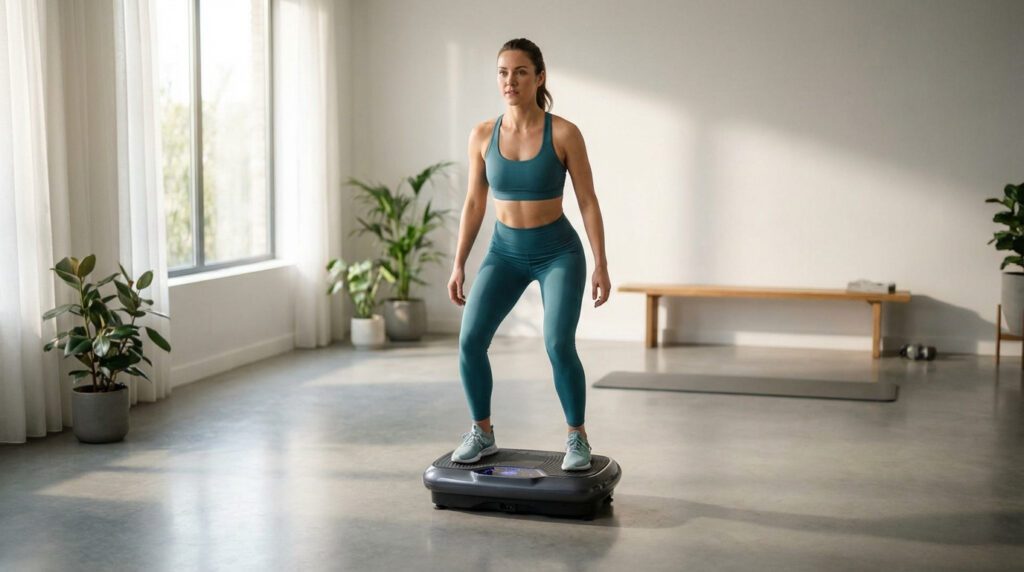 Femme athlétique en tenue de sport turquoise faisant des squats sur une plateforme vibrante dans une pièce lumineuse.