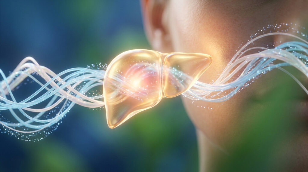 Illustration conceptuelle d'un foie humain translucide et lumineux, traversé par des flux d'énergie et des particules brillantes.