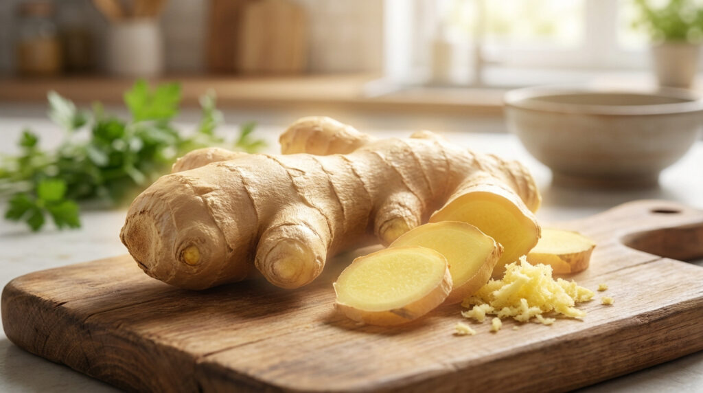 Racine de gingembre entière, tranchée et râpée sur une planche à découper en bois dans une cuisine lumineuse, évoquant la santé digestive.