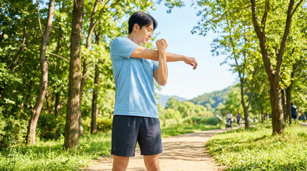 Jeune homme en t-shirt bleu s'étire le bras sur un chemin de terre dans un parc ensoleillé, entouré d'arbres verts.