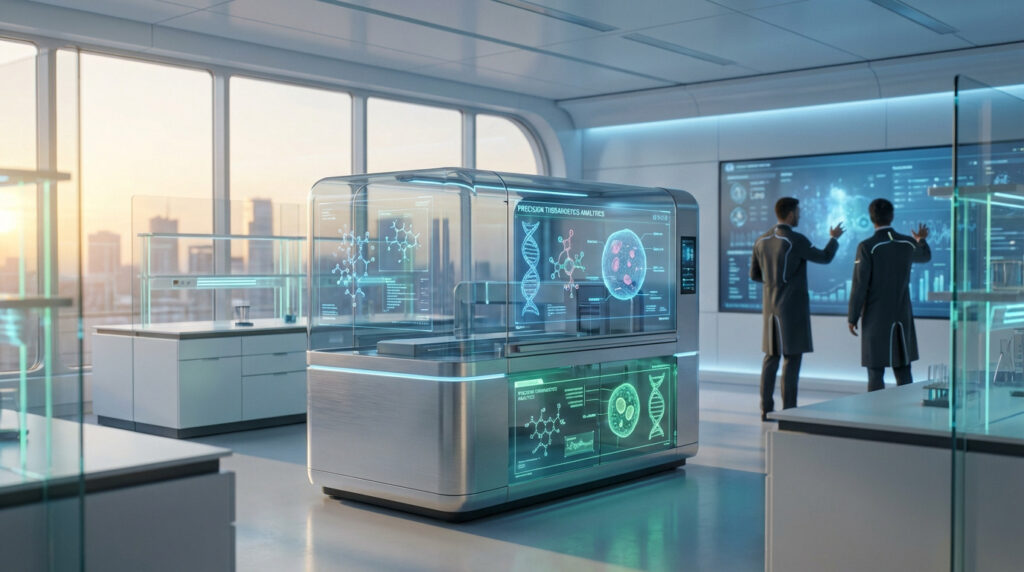 Laboratoire futuriste: deux chercheurs analysent données ADN et cellulaires sur écrans holographiques. Machine d'analyse, vue urbaine.