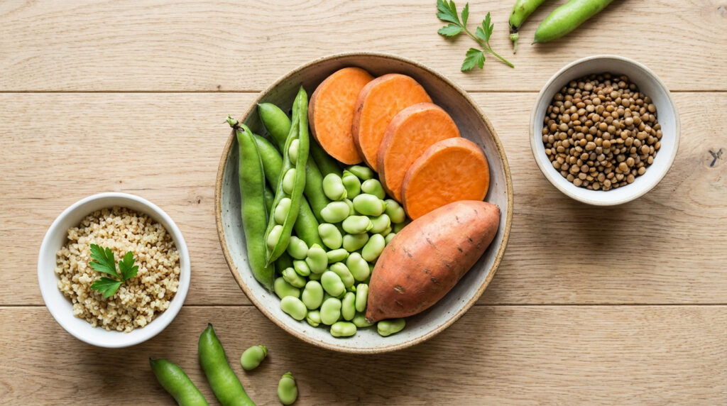 Vue aérienne de féculents variés sur bois clair : quinoa, lentilles, fèves fraîches, patate douce entière et en tranches.
