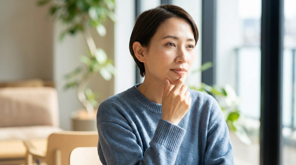 Une femme pensive en pull bleu clair, la main sur le menton, songe à une situation délicate, peut-être liée à un problème dentaire.