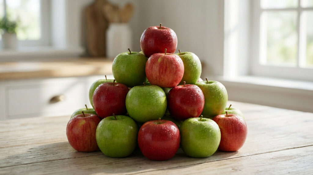 Une pyramide de pommes rouges et vertes, parsemées de gouttelettes d'eau, sur une table en bois clair. Une cuisine lumineuse en arrière-plan.
