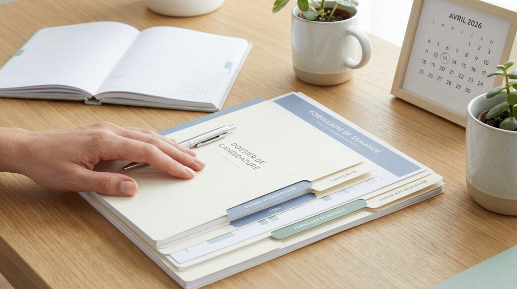 Main sur un dossier de candidature et formulaire de demande avec calendrier AVRIL 2026. Préparer ses aides.