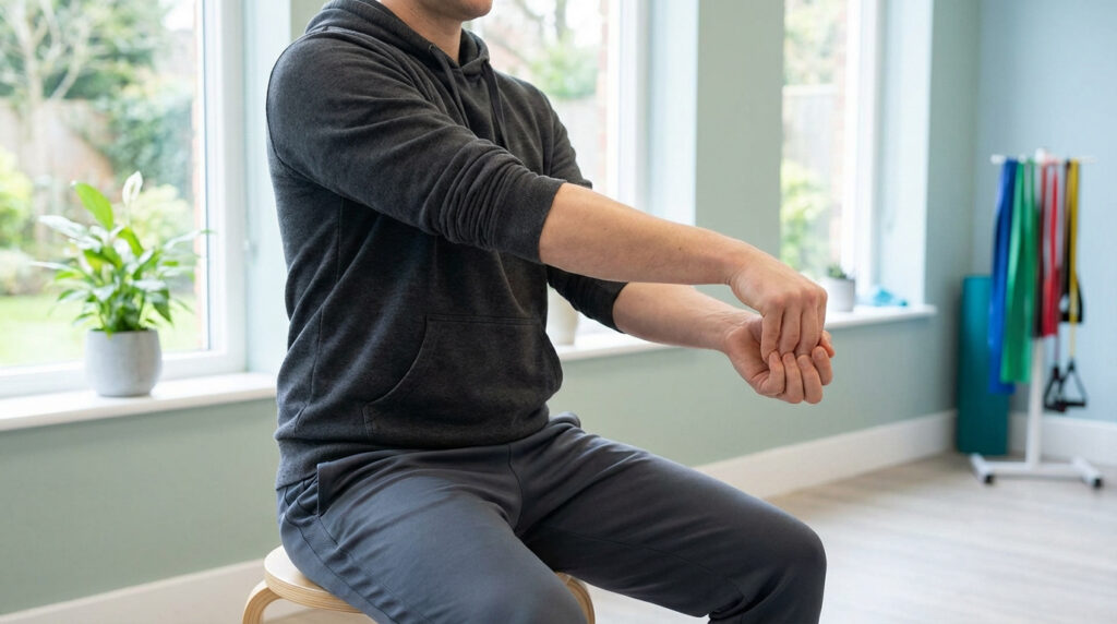 Homme en hoodie gris effectuant un étirement du poignet pour la rééducation de la tendinite du coude, dans une salle de physiothérapie.
