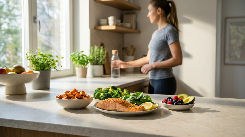 Repas équilibré (saumon, légumes, fruits) sur comptoir lumineux. Femme en arrière-plan, illustration d'alimentation saine.