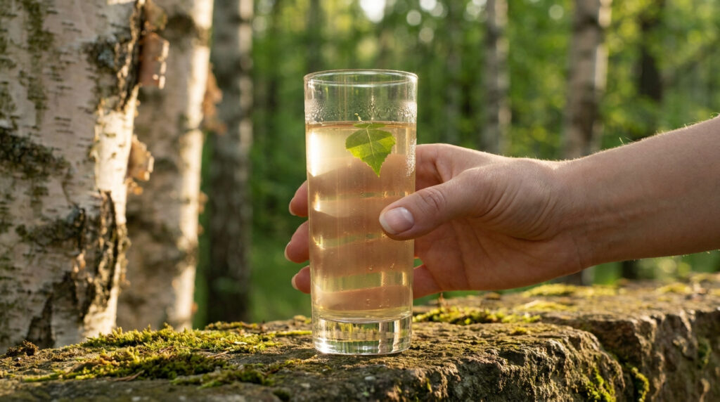 Une main tient un verre de sève de bouleau fraîche avec une feuille verte flottant, sur un mur moussu près d'arbres.