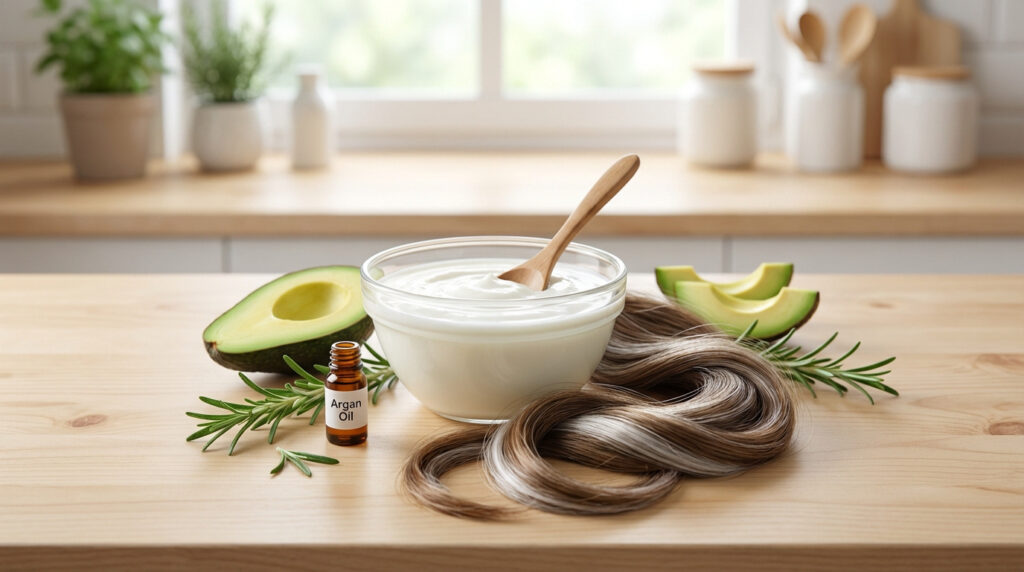 Préparation de masque capillaire naturel : bol de crème, cheveux gris, avocat, huile d'argan, romarin sur comptoir en bois.