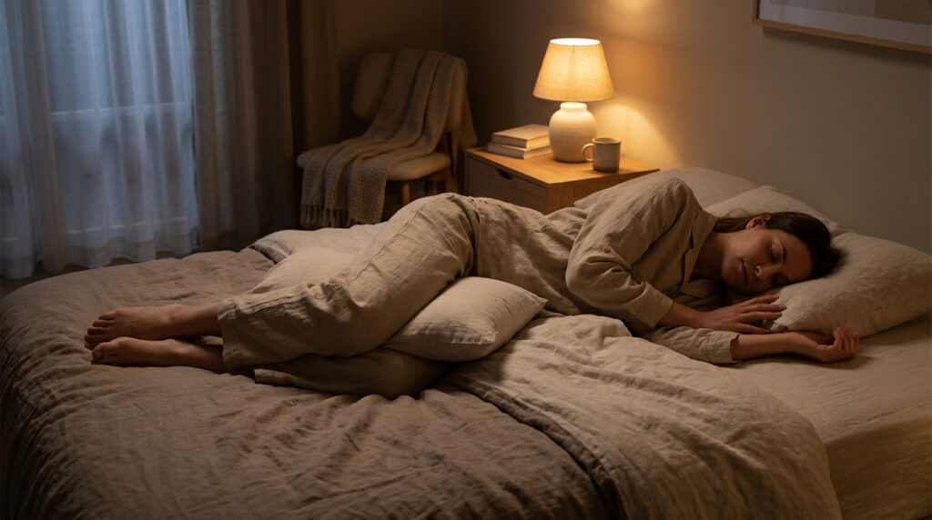 Femme dormant sur le côté avec un oreiller entre les genoux, dans une chambre sombre. Lumière chaude d'une lampe de chevet.