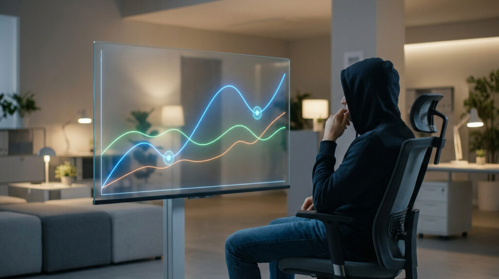 Une personne en hoodie observe des courbes de données lumineuses sur un écran transparent, symbolisant le suivi de données médicales.