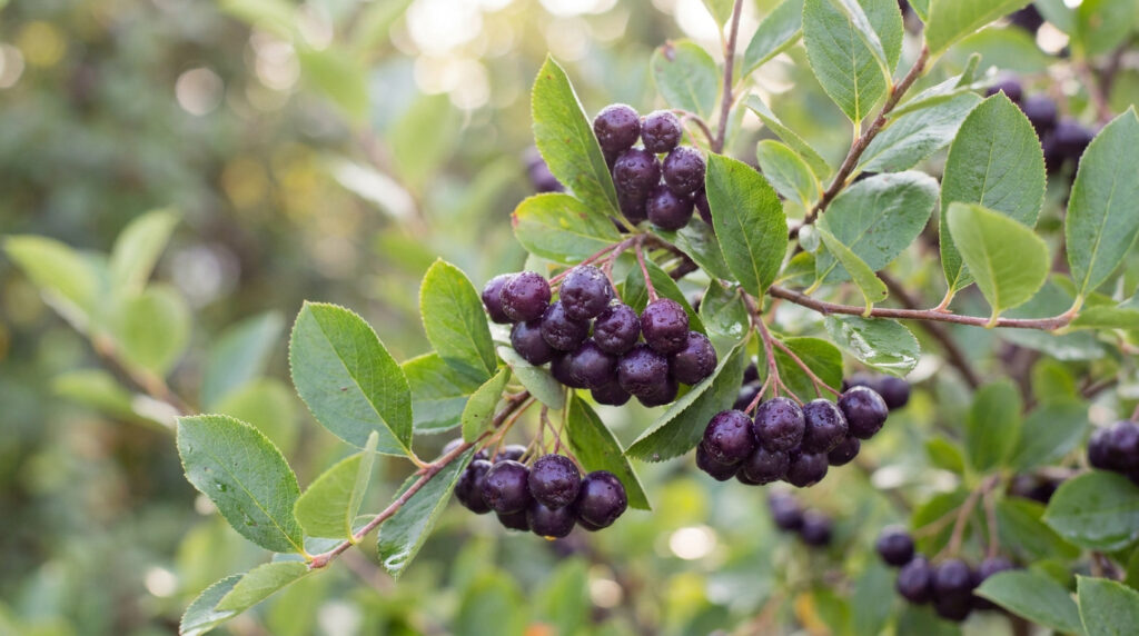 Grappe de baies d'aronia noires et juteuses, avec des gouttelettes d'eau, sur une branche feuillue verte. Fond végétal flou.