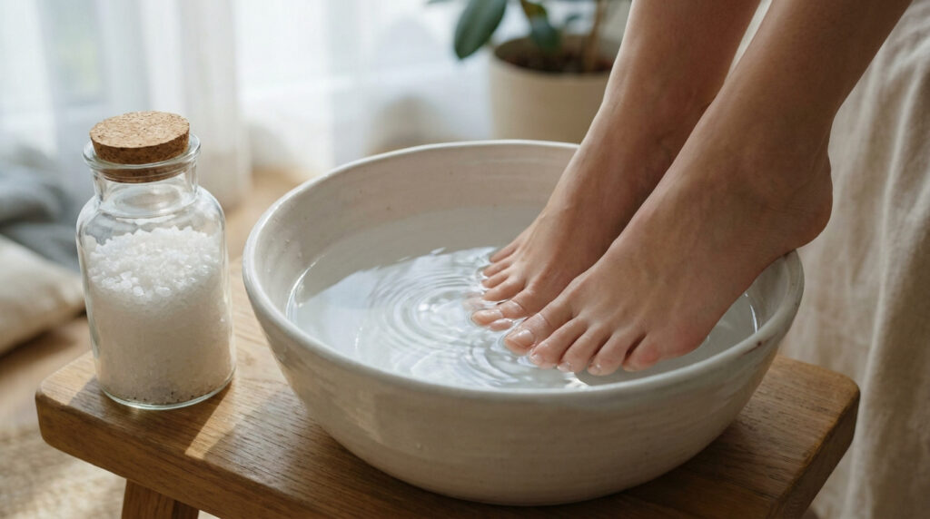 Une personne trempe ses pieds dans une bassine d'eau, avec une bouteille de sel de bain à côté. Ambiance de relaxation.