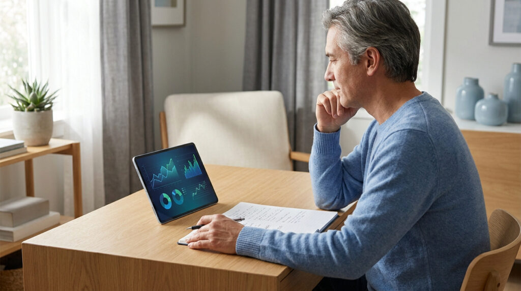Homme aux cheveux gris en pull bleu, réfléchit devant une tablette affichant des graphiques financiers, prenant des notes.
