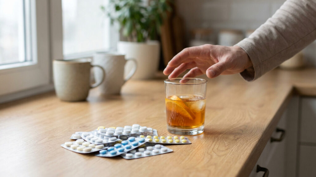 Une main s'apprête à saisir un verre d'alcool avec des glaçons et des tranches d'orange, près de plaquettes de médicaments sur un comptoir en bois.