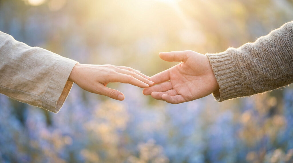 Deux mains se tendant l'une vers l'autre, presque au contact, sur un fond lumineux et flou, évoquant l'aide et la connexion.