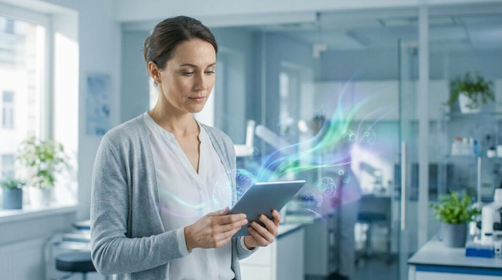 Une chercheuse examine des données médicales sur tablette avec imagerie holographique de cellules, dans un laboratoire high-tech.