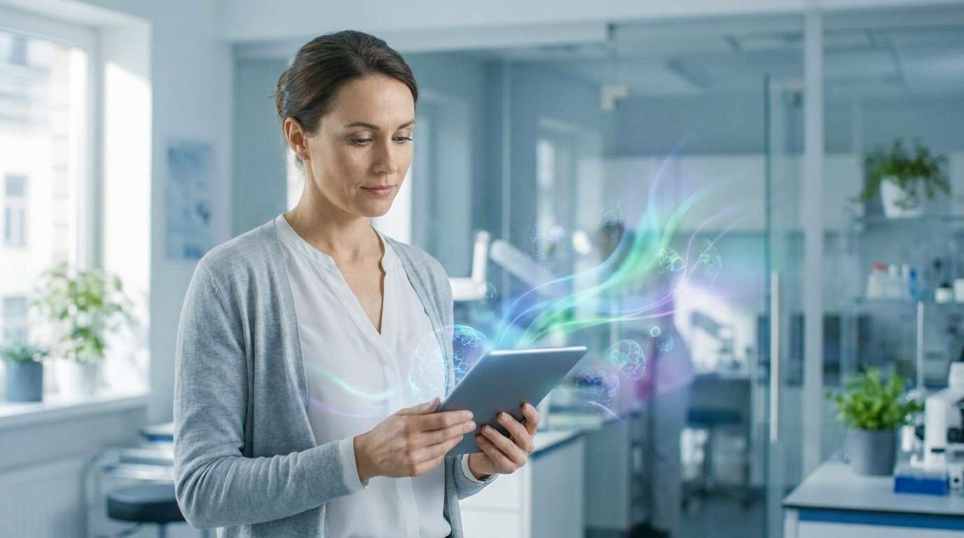 Une chercheuse examine des données médicales sur tablette avec imagerie holographique de cellules, dans un laboratoire high-tech.
