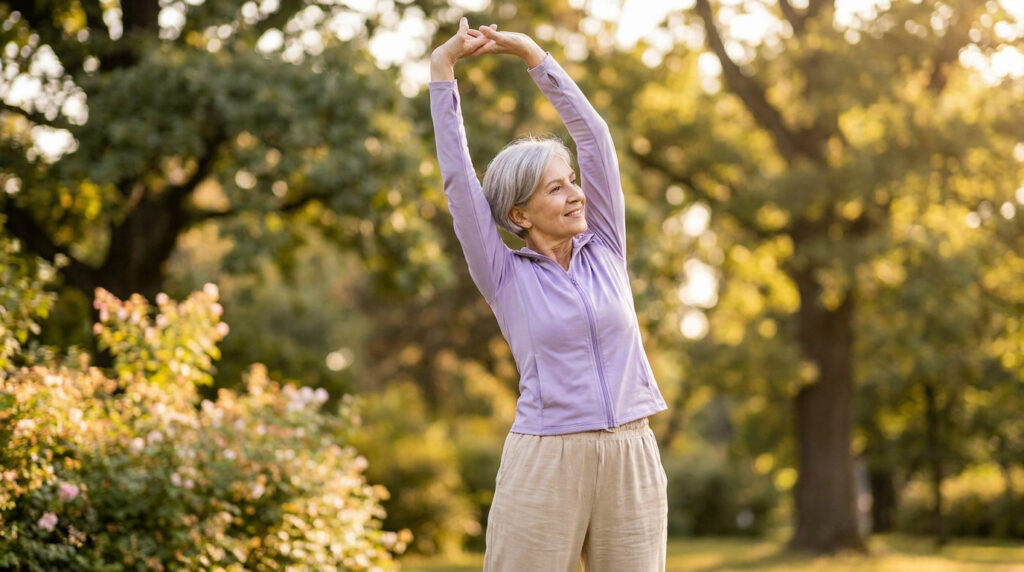 Femme senior souriante s'étirant les bras en l'air dans un parc ensoleillé.