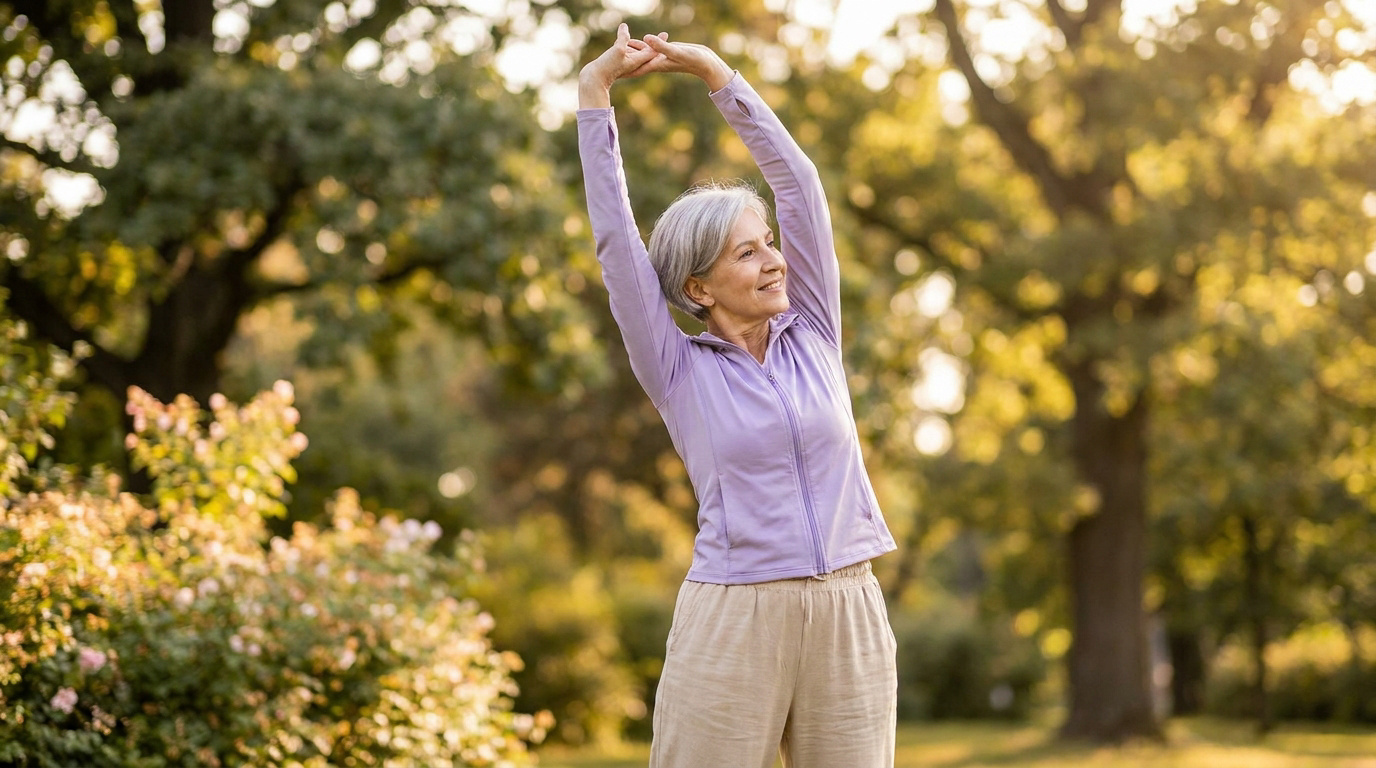 Femme senior souriante s'étirant les bras en l'air dans un parc ensoleillé.