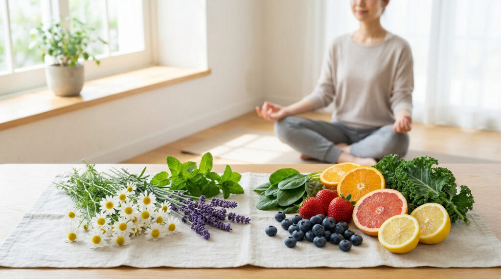 Composition d'herbes, fruits frais et légumes verts avec une personne méditant en arrière-plan, symbolisant le bien-être naturel.
