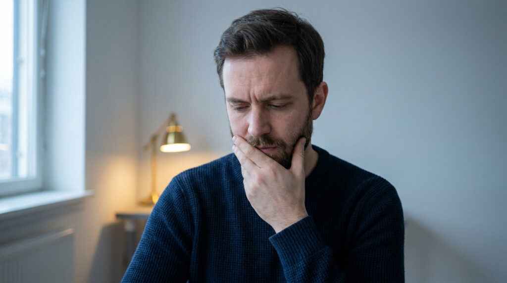 Un homme barbu, l'air grave et préoccupé, sa main sur le menton, réfléchit profondément dans un intérieur éclairé.
