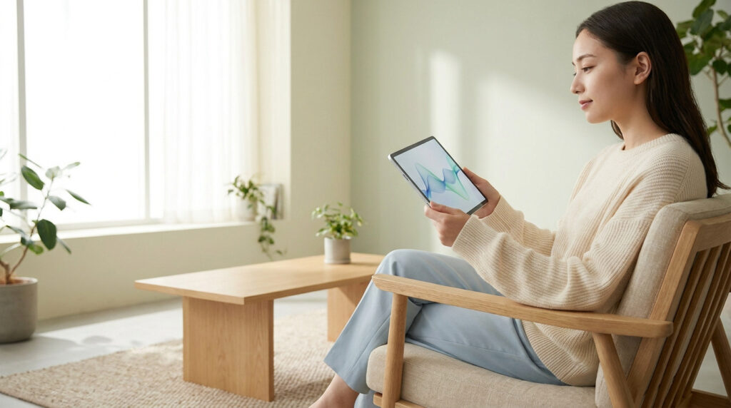 Une femme asiatique lit sur une tablette dans un fauteuil en bois clair. Elle porte un pull beige dans un salon lumineux.