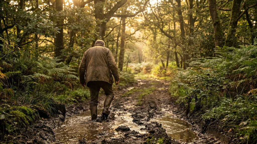 Vue de dos d'un homme en bottes marchant sur un chemin très boueux au milieu d'une forêt verdoyante et ensoleillée.