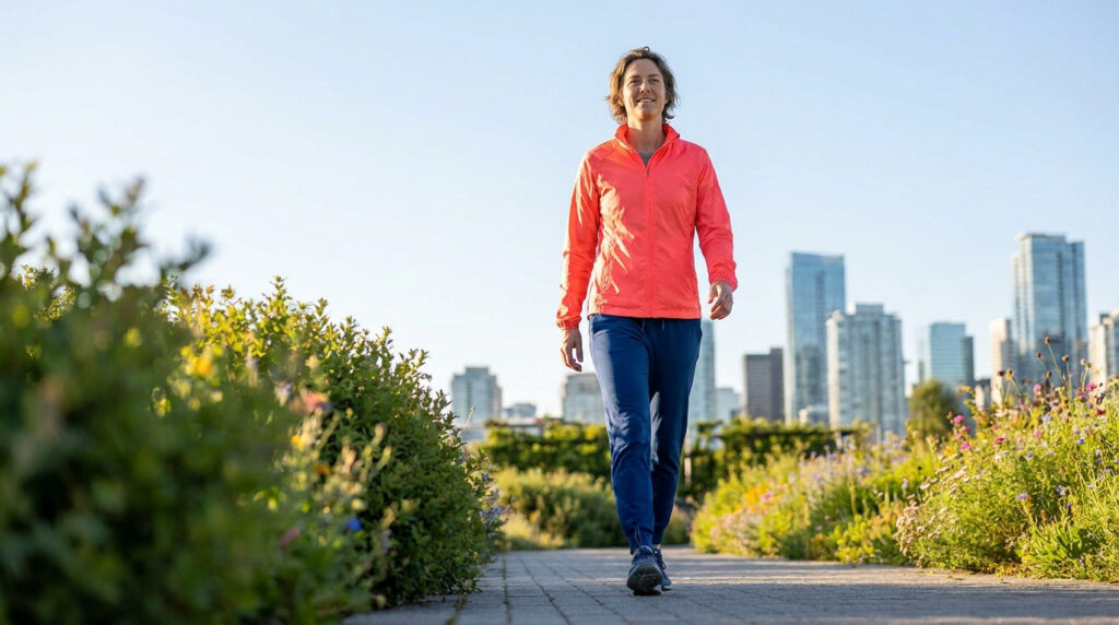 Femme souriante en tenue de sport marche sur un chemin urbain. Verdure luxuriante et gratte-ciel en arrière-plan. Confiance et vitalité.