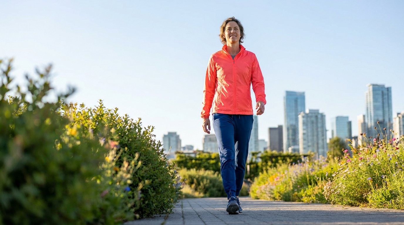 Femme souriante en tenue de sport marche sur un chemin urbain. Verdure luxuriante et gratte-ciel en arrière-plan. Confiance et vitalité.