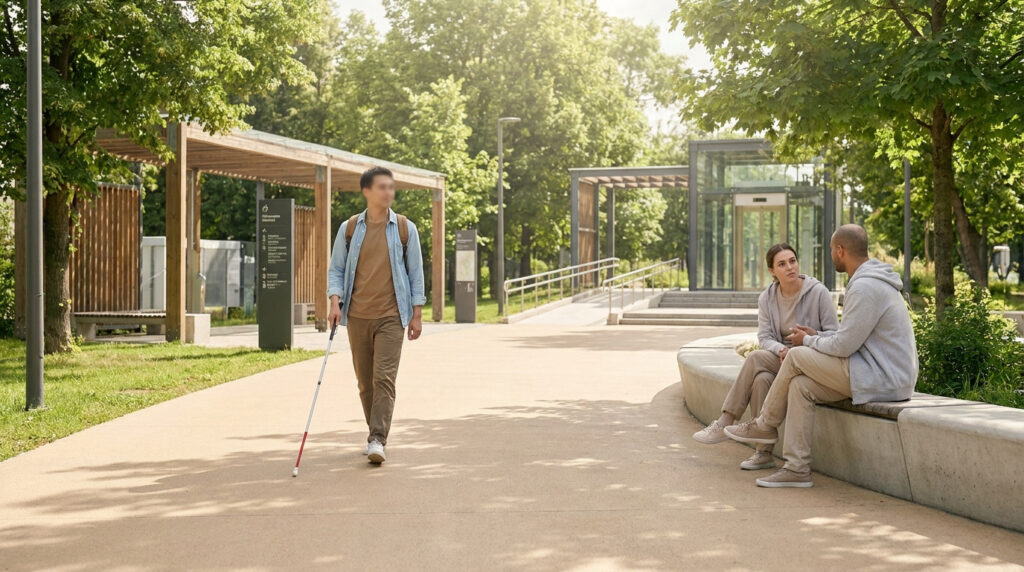 Homme avec canne blanche marchant dans un parc. Au fond, ascenseur, rampe et personnes assises. Symbolise l'accessibilité.