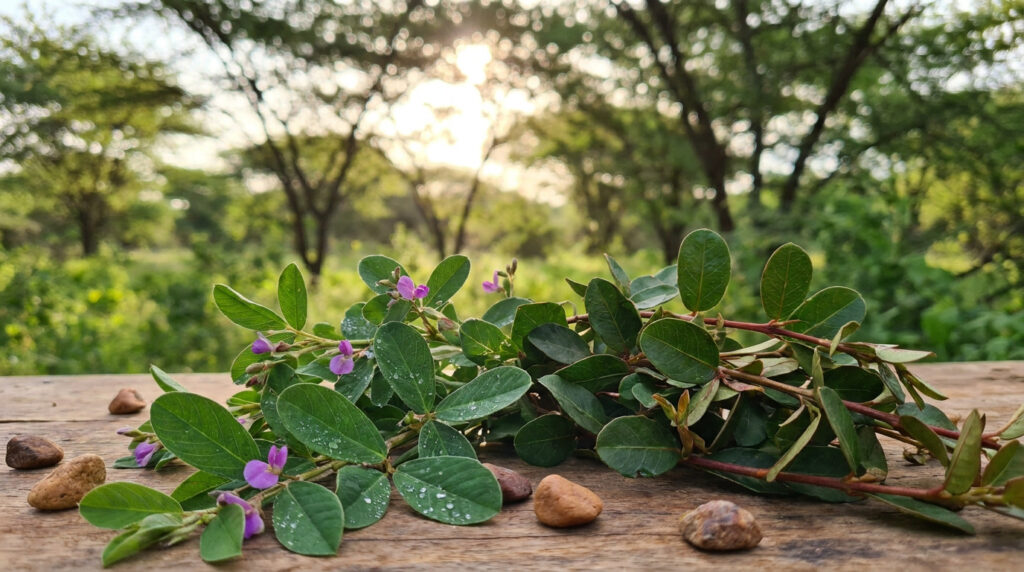 Branche de plante africaine aux feuilles vertes et petites fleurs violettes sur une surface en bois. Fond de forêt ensoleillée.