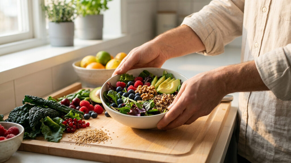 Des mains tiennent un bol de salade fraîche avec baies, avocat, noix et quinoa. Ingrédients variés sur une planche en bois.