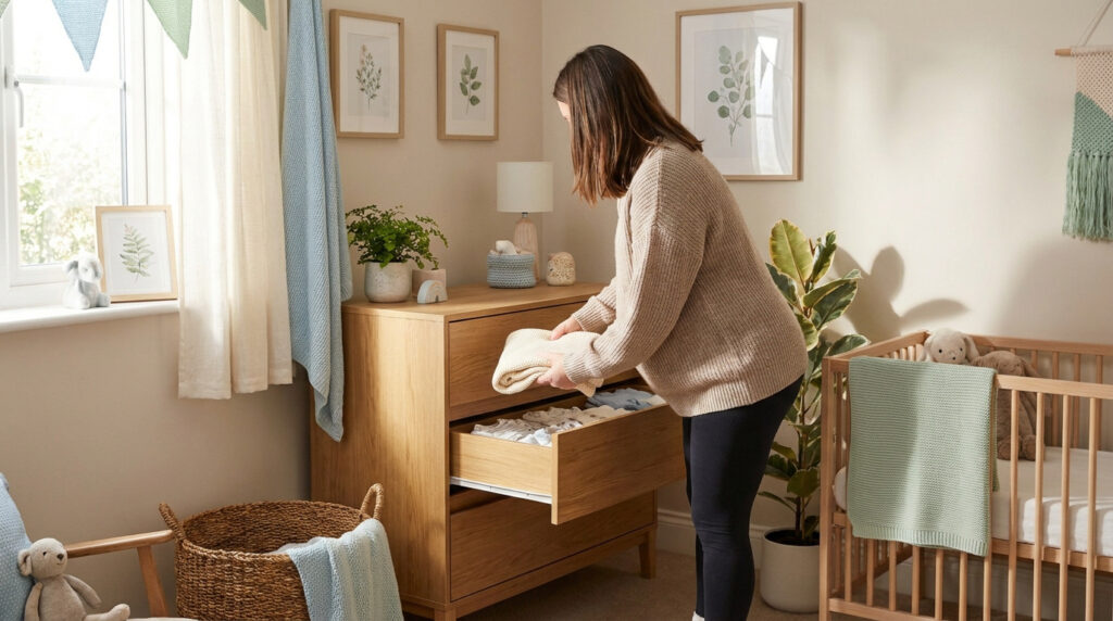 Femme enceinte rangeant des vêtements de bébé dans une commode en bois dans une chambre de bébé lumineuse avec un berceau.