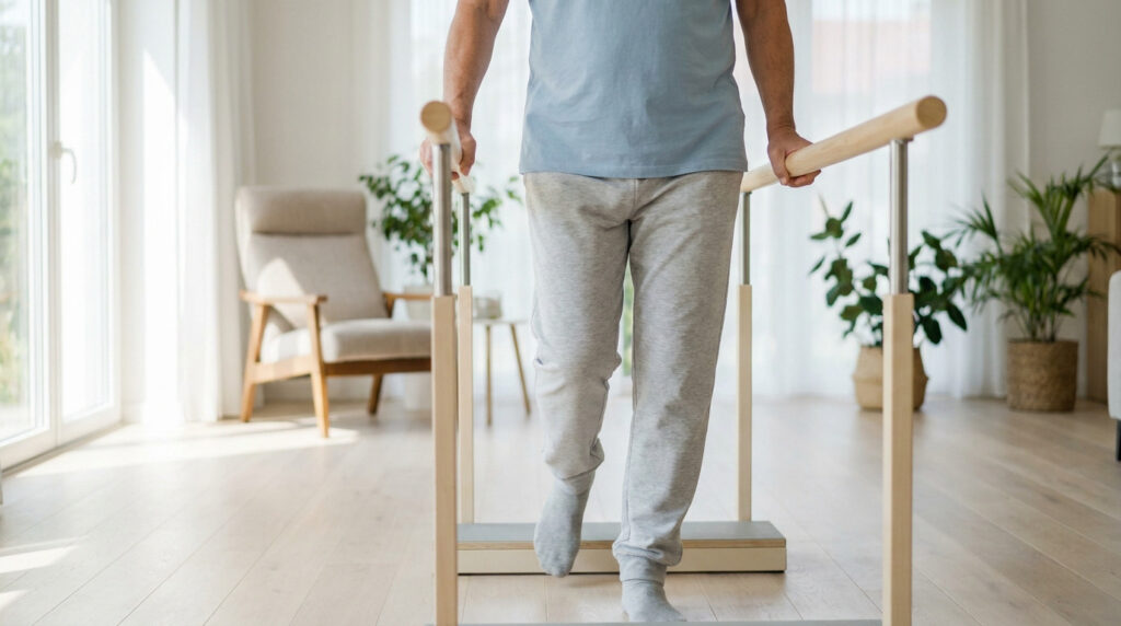 Un patient en rééducation utilisant des barres parallèles pour travailler sa marche dans une pièce lumineuse.