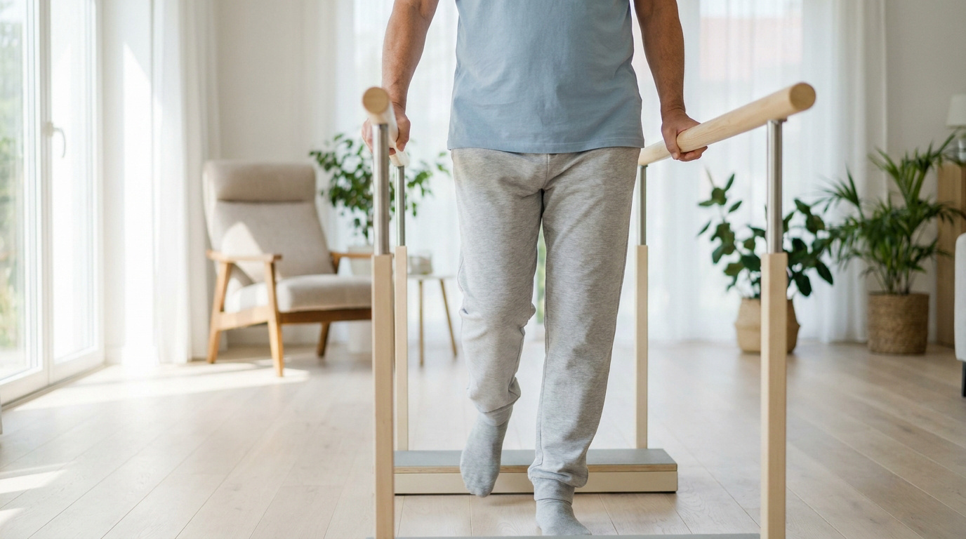 Un patient en rééducation utilisant des barres parallèles pour travailler sa marche dans une pièce lumineuse.