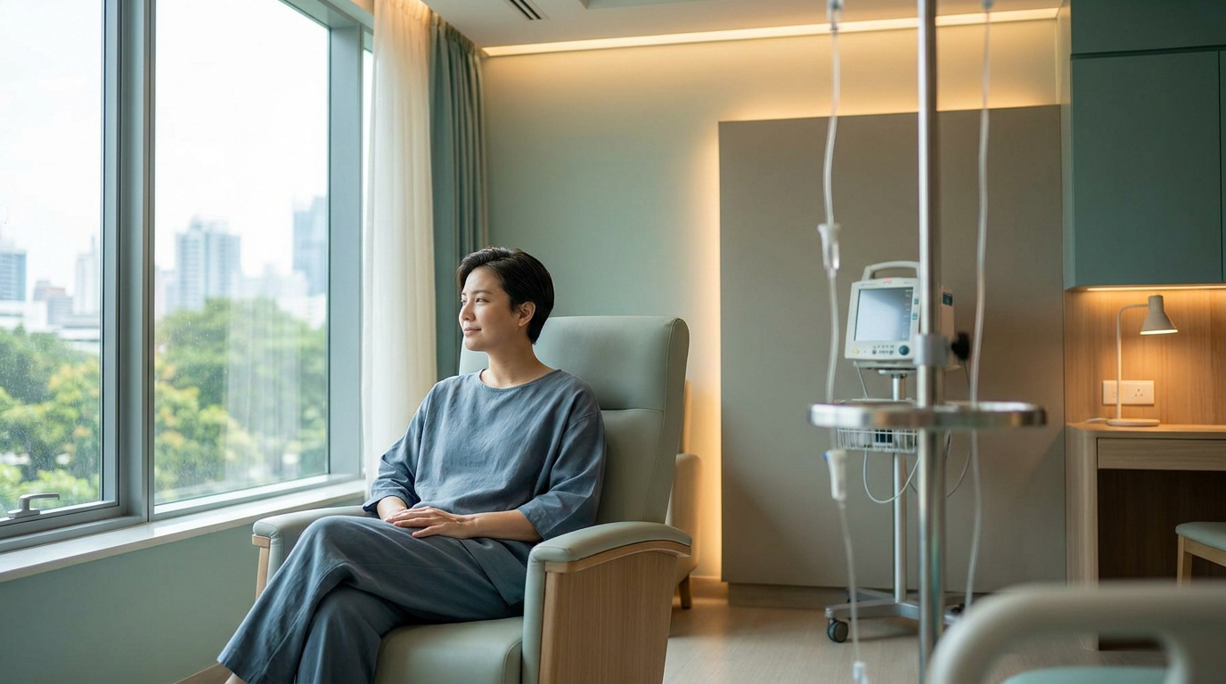 Patiente en robe bleue, assise dans un fauteuil par une fenêtre, regarde dehors. Équipement médical et perfusion à côté.
