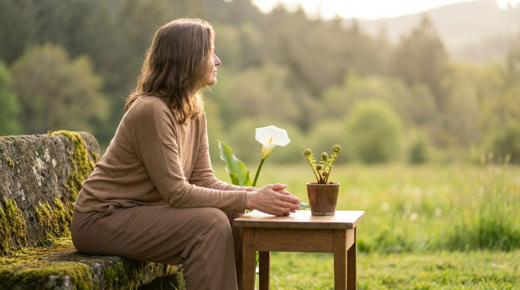 Femme pensive sur un banc moussue, mains jointes, devant une fleur de calla et une fougère en pot, fond vert flou.