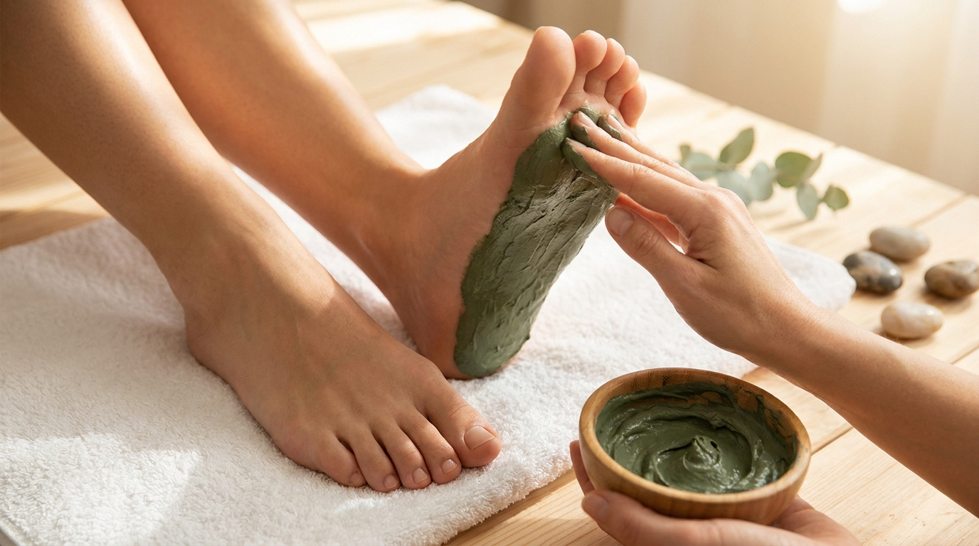 Une personne applique de l'argile verte sur la plante d'un pied, posé sur une serviette blanche, près d'un bol en bois.