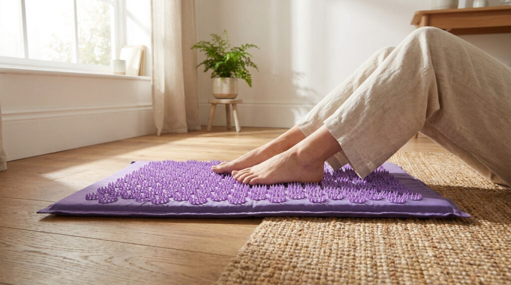 Pieds nus sur un tapis d'acupression violet dans une pièce lumineuse, favorisant la circulation et le bien-être.