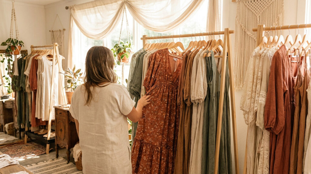 Une femme choisit une robe bohème dans une boutique lumineuse aux tons neutres, entourée de portants en bois.