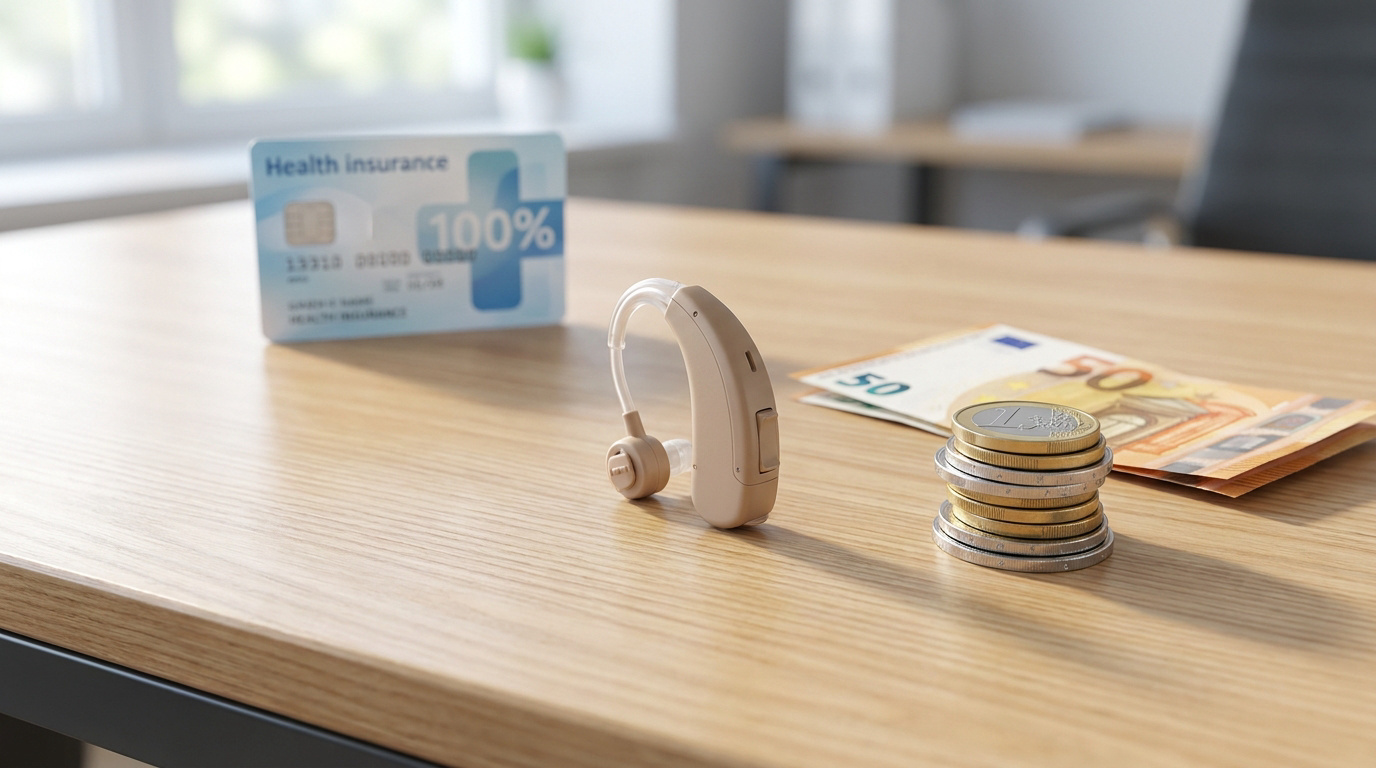 Appareil auditif posé sur une table avec une carte de mutuelle santé et des pièces et billets en euros.