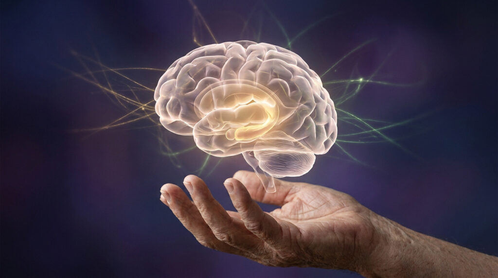 Une main âgée soutient un cerveau humain lumineux en 3D flottant au-dessus de la paume sur un fond sombre et abstrait.