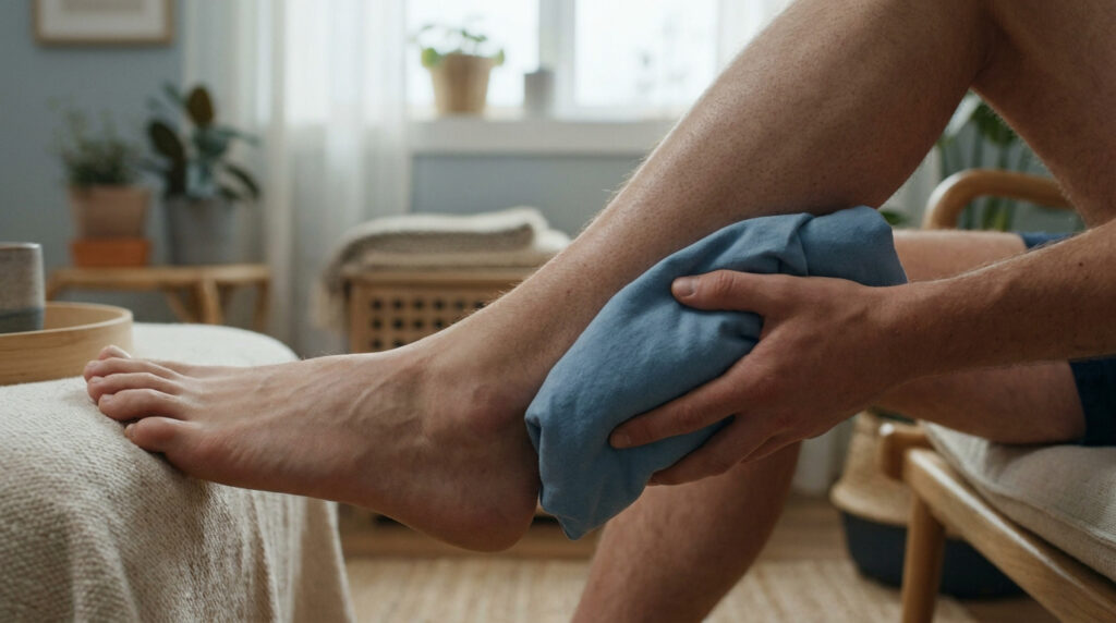 Une personne applique une poche de glace bleue sur son tendon d'Achille douloureux pour réduire l'inflammation.